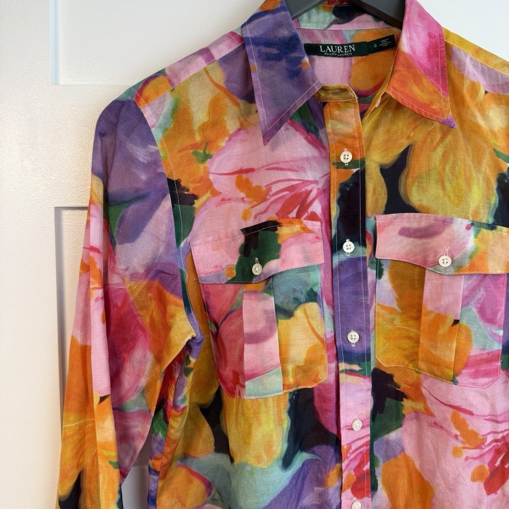 LRL Ralph Lauren Womens S Button Up Floral Silk Cotton Blouse Shirt Watercolors - Picture 4 of 15